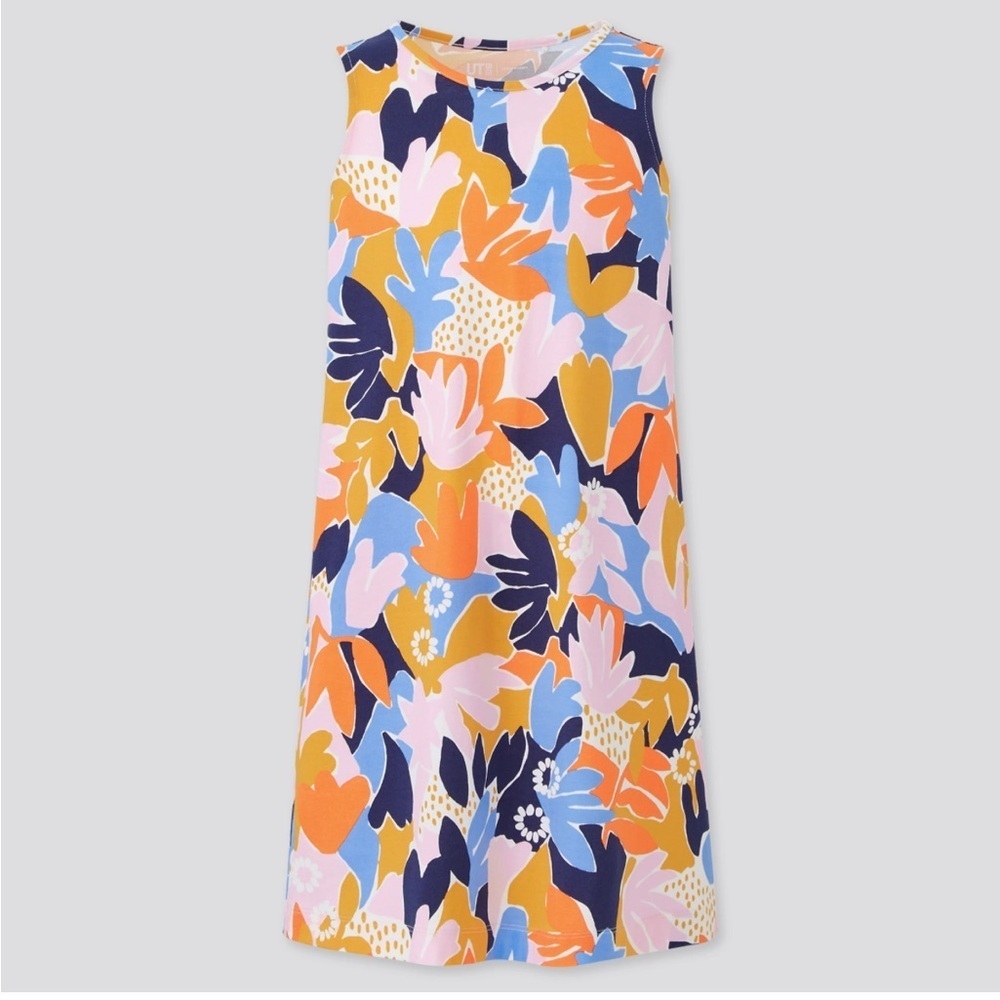 Uniqlo Cassie Byrnes Colorful Sleeveless Floral Dress 130 8 orange blue pockets